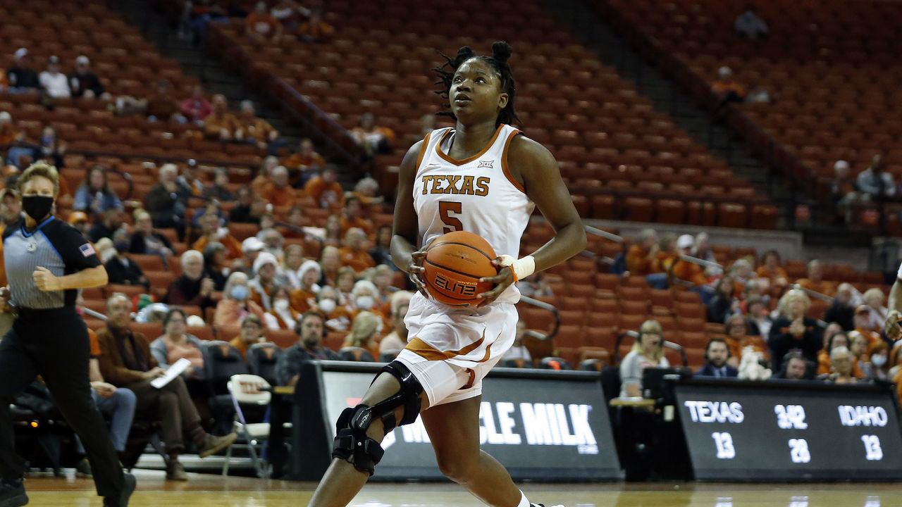 AUSTIN, TX - DECEMBER 11: University of Texas Longhorn forward Deyona Gaston takes a shot during the game against the Idaho Vandals at the Frank Erwin Center in Austin, TX on December 11, 2021.