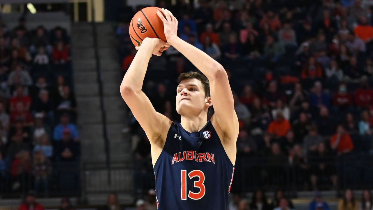 OXFORD, MS - JANUARY 15: Auburn forward Walker Kessler (13) shoots a jump shot during a college basketball game between the Auburn Tigers and the Ole' Miss Rebels on January 15, 2022, at SJB Coliseum in Oxford, MS.