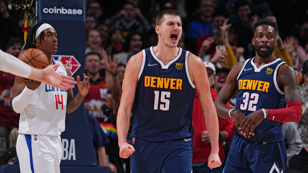 DENVER, CO - JANUARY 19: Nikola Jokic #15 of the Denver Nuggets reacts during a game against the LA Clippers on January 19, 2022 at the Ball Arena in Denver, Colorado. NOTE TO USER: User expressly acknowledges and agrees that, by downloading and/or using this Photograph, user is consenting to the terms and conditions of the Getty Images License Agreement. Mandatory Copyright Notice: Copyright 2022 NBAE