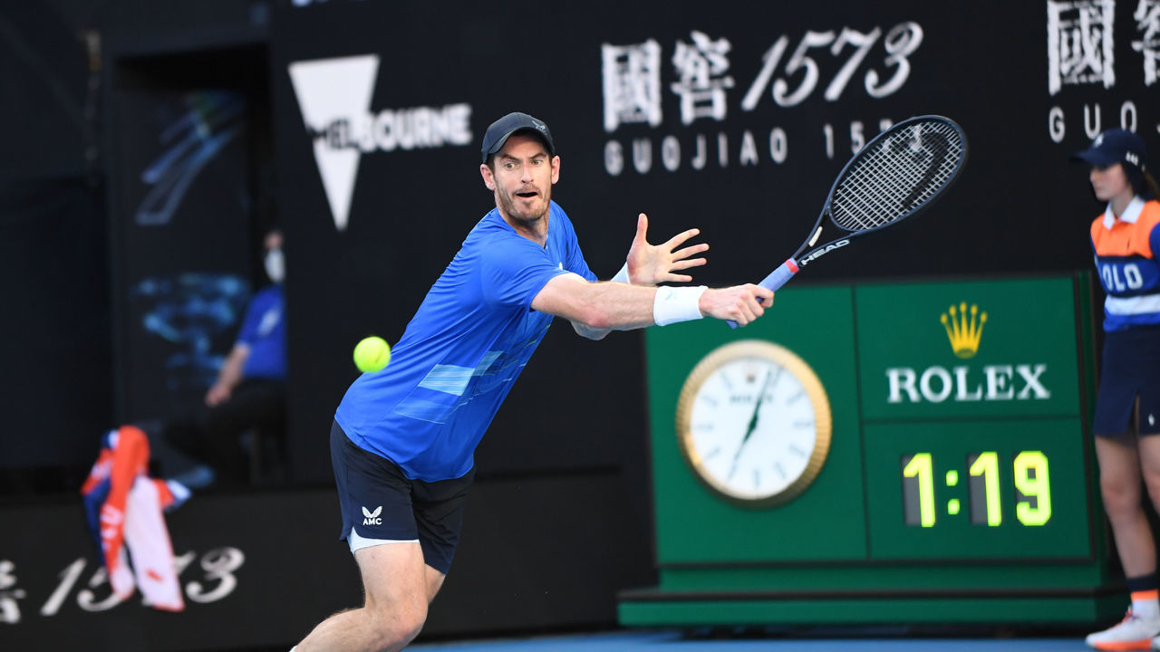 MELBOURNE, AUSTRALIA - JANUARY 20: Andy Murray of Britain in action against Taro Daniel (not seen) of Japan during their second round men's single match of the Australian Open Tennis Tournament at Melbourne Park in Melbourne, Australia on January 20, 2022. Daniel beat his opponent Murray with 3-0 and advanced to the next round.