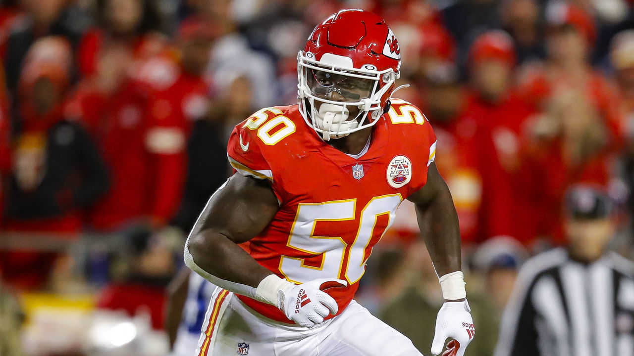 KANSAS CITY, MO - NOVEMBER 21: Willie Gay Jr. #50 of the Kansas City Chiefs runs toward the football during the fourth quarter against the Dallas Cowboys at Arrowhead Stadium on November 21, 2021 in Kansas City, Missouri.