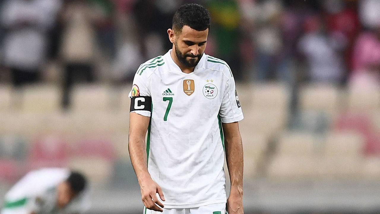 Algeria's forward Riyad Mahrez reacts after Ivory Coast's forward Nicolas Pepe (not seen) scored Ivory Coast's third goal during the Group E Africa Cup of Nations (CAN) 2021 football match between Ivory Coast and Algeria at Stade de Japoma in Douala on January 20, 2022.