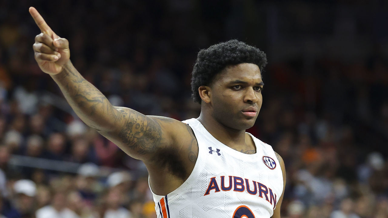 AUBURN, AL - JANUARY 19: K.D. Johnson #0 of the Auburn Tigers reacts during the second half against the Georgia Bulldogs at Auburn Arena on January 19, 2022 in Auburn, Alabama.