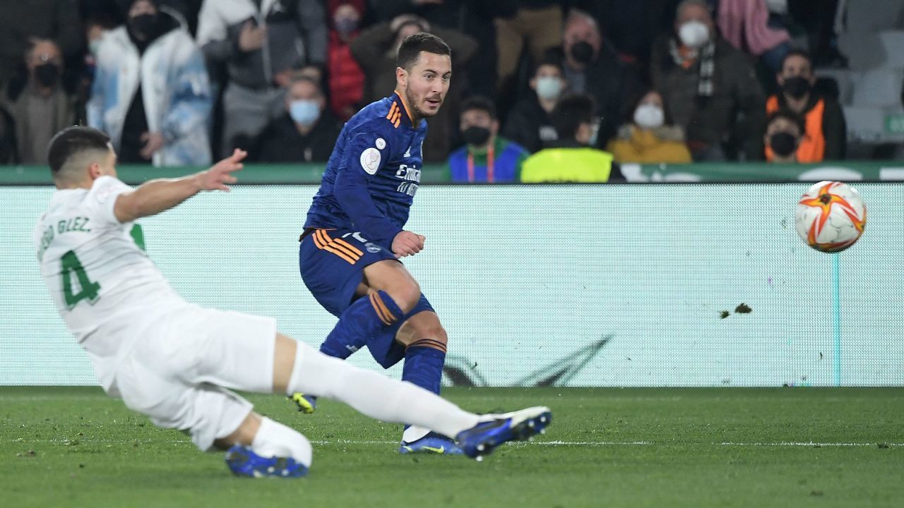 Real Madrid's Belgian forward Eden Hazard kicks the ball during the Copa del Rey (King's Cup) round of 16 first leg football match between Elche CF and Real Madrid CF at the Martinez Valero stadium in Elche on January 20, 2022.