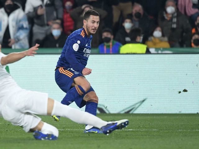 Real Madrid's Belgian forward Eden Hazard kicks the ball during the Copa del Rey (King's Cup) round of 16 first leg football match between Elche CF and Real Madrid CF at the Martinez Valero stadium in Elche on January 20, 2022.