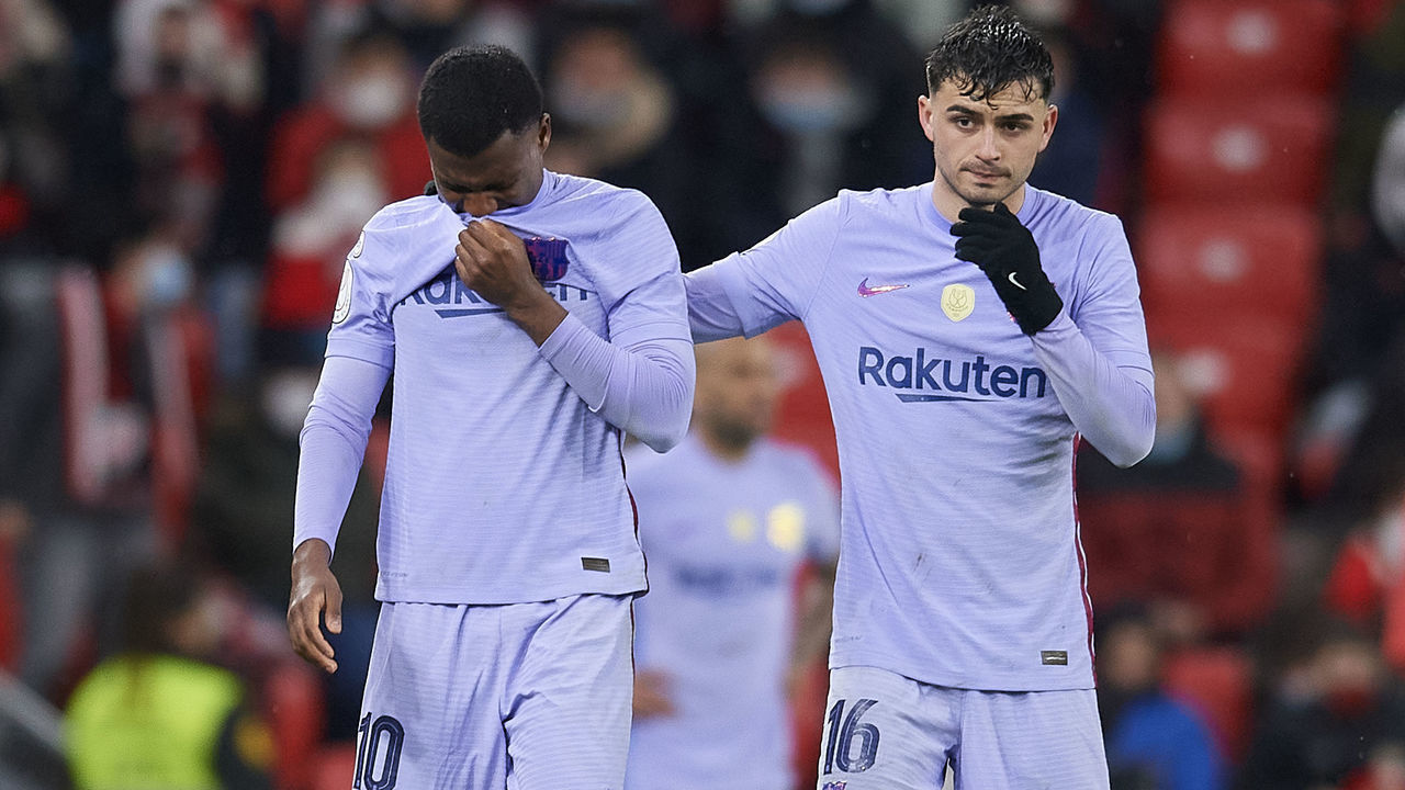 Ansu Fati of Barcelona injured during the Copa del Rey match between Athletic Club and FC Barcelona at San Mames Stadium on January 20, 2022 in Bilbao, Spain.