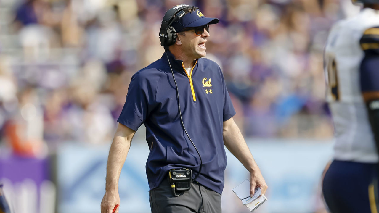 FORT WORTH, TX - SEPTEMBER 11: California Golden Bears head coach Justin Wilcox walks along the sidelines during the game between the TCU Horned Frogs and the California Golden Bears on September 11, 2021 at Amon G. Carter Stadium in Fort Worth, Texas.