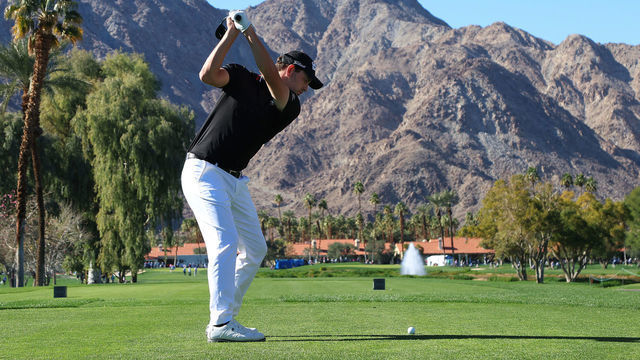 LA QUINTA, CALIFORNIA - JANUARY 20: Patrick Cantlay plays a shot on the ninth hole during the first round of The American Express at the La Quinta Country Club on January 20, 2022 in La Quinta, California.