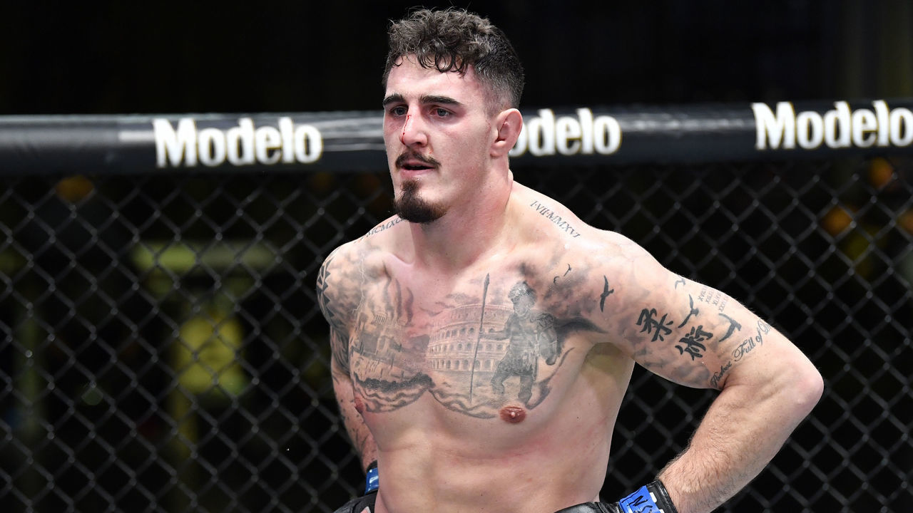 LAS VEGAS, NEVADA - FEBRUARY 20: Tom Aspinall of England reacts after his submission victory over Andrei Arlovski of Belarus in a heavyweight bout during the UFC Fight Night event at UFC APEX on February 20, 2021 in Las Vegas, Nevada.