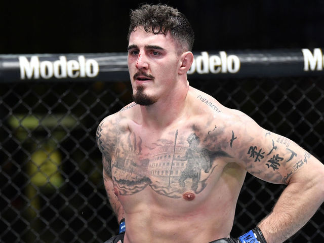 LAS VEGAS, NEVADA - FEBRUARY 20: Tom Aspinall of England reacts after his submission victory over Andrei Arlovski of Belarus in a heavyweight bout during the UFC Fight Night event at UFC APEX on February 20, 2021 in Las Vegas, Nevada.