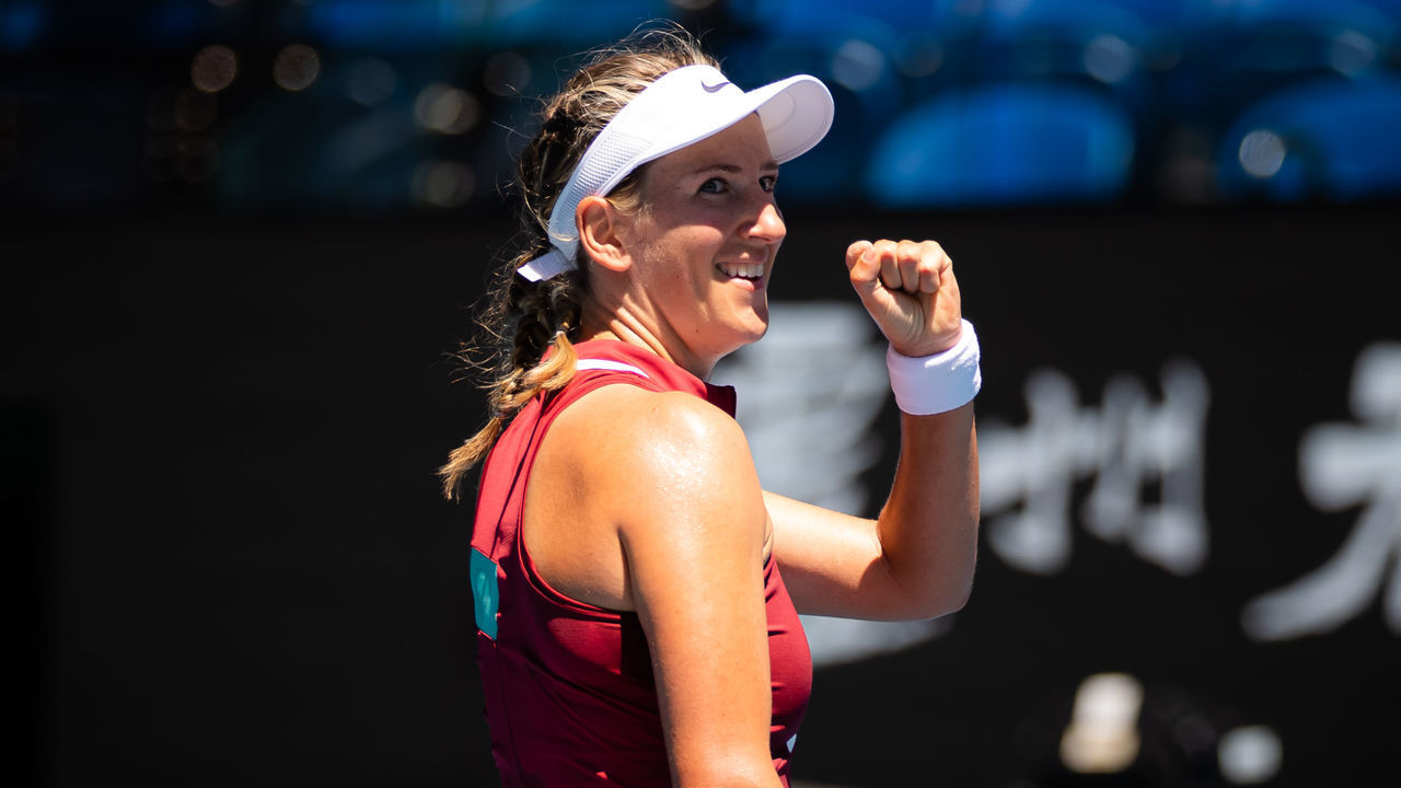 MELBOURNE, AUSTRALIA - JANUARY 21: Victoria Azarenka of Belarus in action during her third-round singles match against Elina Svitolina of Ukraine at the 2022 Australian Open at Melbourne Park on January 21, 2022 in Melbourne, Australia.