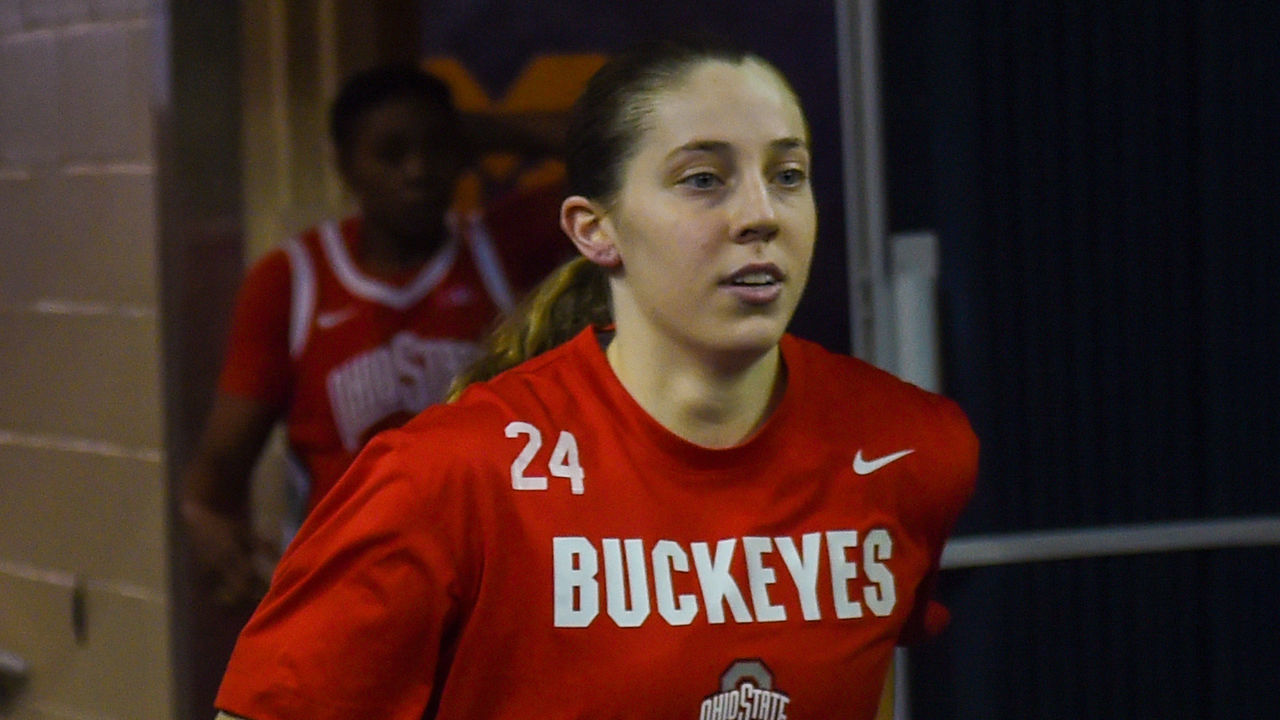 ANN ARBOR, MICHIGAN - DECEMBER 31: Taylor Mikesell #24 of the Ohio State Buckeyes is seen before a college basketball game against the Michigan Wolverines at Crisler Arena on December 31, 2021 in Ann Arbor, Michigan.