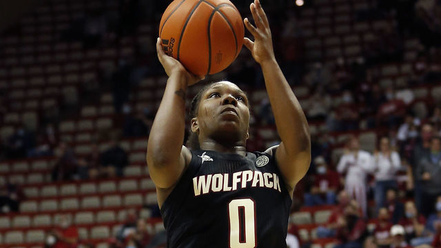 BLOOMINGTON, IN - DECEMBER 02: NC State Wolfpack guard Diamond Johnson (0) goes up with the jump shot from the lane during a womens college basketball game between the NC State Wolfpack and Indiana Hoosiers on December 02, 2021 at Assembly Hall in Bloomington, IN.