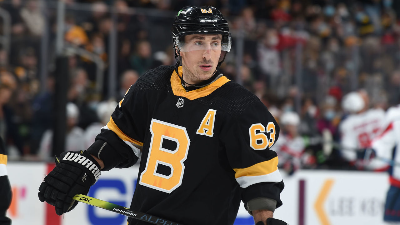 BOSTON, MA - JANUARY 20: Brad Marchand #63 of the Boston Bruins against the Washington Capitals at the TD Garden on January 20, 2022 in Boston, Massachusetts.