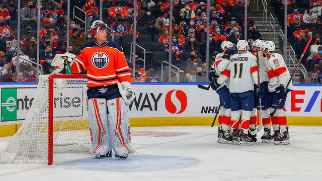 EDMONTON, AB - JANUARY 20: Edmonton Oilers Goalie Mikko Koskinen (19) lets in another weak goal as the Oilers goaltending struggles continue in the second period during the Edmonton Oilers game versus the Florida Panthers on January 20, 2022 at Rogers Place in Edmonton, AB.