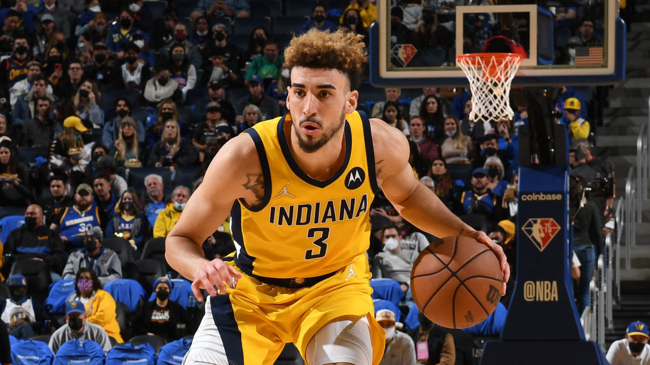 SAN FRANCISCO, CA - January 20: Chris Duarte #3 of the Indiana Pacers dribbles the ball during the game against the Golden State Warriors on January 20, 2022 at Chase Center in San Francisco, California. NOTE TO USER: User expressly acknowledges and agrees that, by downloading and or using this photograph, user is consenting to the terms and conditions of Getty Images License Agreement. Mandatory Copyright Notice: Copyright 2022 NBAE