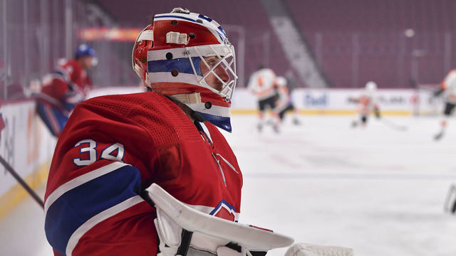 MONTREAL, QC - DECEMBER 16: Goaltender Jake Allen #34 of the Montreal Canadiens kneels as he looks on during the warmups prior to the game against the Philadelphia Flyers at Centre Bell on December 16, 2021 in Montreal, Canada. The Montreal Canadiens defeated the Philadelphia Flyers 3-2 in a shootout.