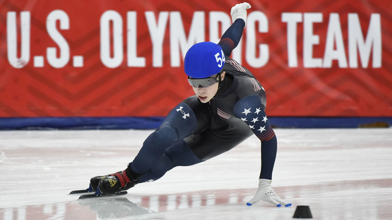 KEARNS, UTAH - DECEMBER 19: Marcus Howard leads a Men's 1000 meter semifinal on Day 3 of the US Short Track Speed Skating Olympic Trials at Utah Olympic Oval on December 19, 2021 in Kearns, Utah.