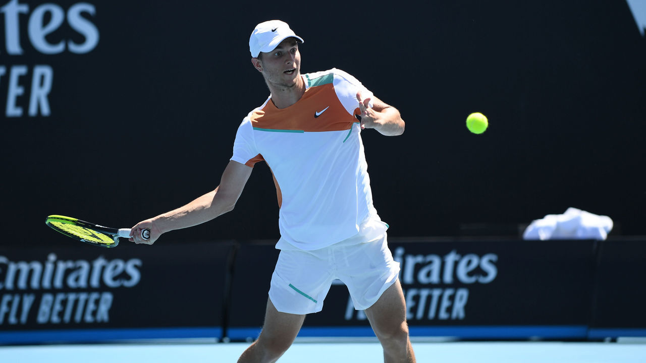 MELBOURNE, AUSTRALIA- JANUARY 21: Miomir Kecmanovic of Serbia in action against Lorenzo Sonego (not seen) of Italy in their third round men's single match at the Australian Open Grand Tennis Tournament in Melbourne, Australia on January 21, 2022