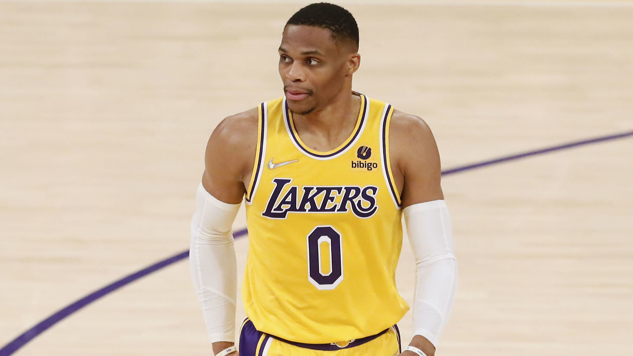 LOS ANGELES, CA - JANUARY 19: Russell Westbrook #0 of the Los Angeles Lakers looks on during a game at the Crypto.com Arena on January 19, 2022 in Los Angeles, California. Mandatory Credit: 2022 NBAE