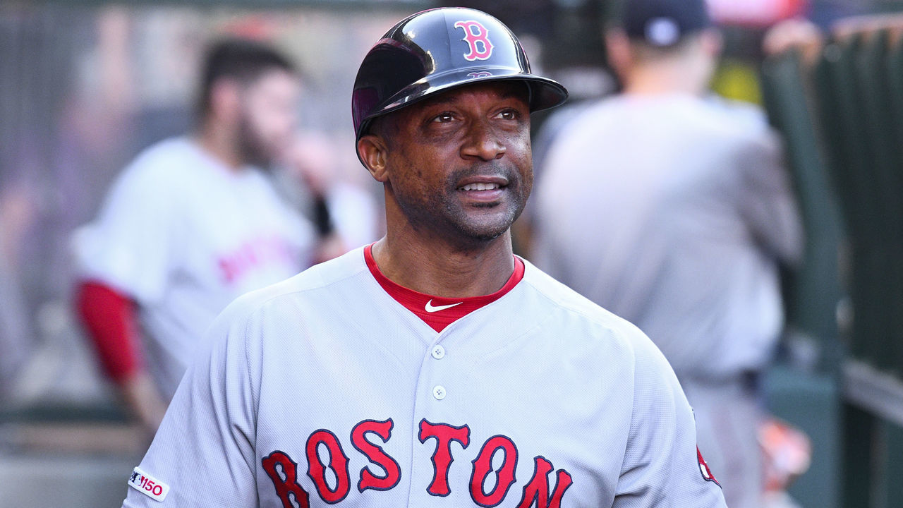 ANAHEIM, CA - AUGUST 31: Boston Red Sox coach Tom Goodwin looks on during a MLB game between the Boston Red Sox and the Los Angeles Angels of Anaheim on August 31, 2019 at Angel Stadium of Anaheim in Anaheim, CA.