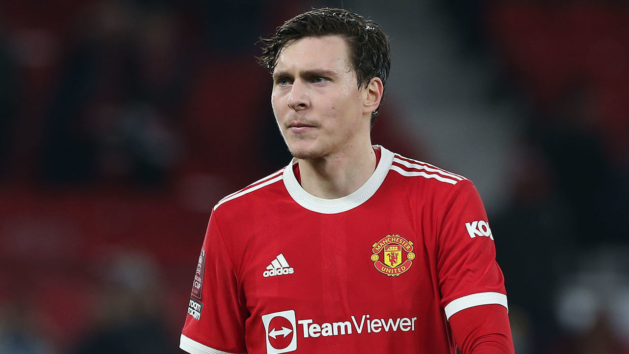 MANCHESTER, ENGLAND - JANUARY 10: Victor Lindelof of Manchester United walks off after the Emirates FA Cup Third Round match between Manchester United and Aston Villa at Old Trafford on January 10, 2022 in Manchester, England.