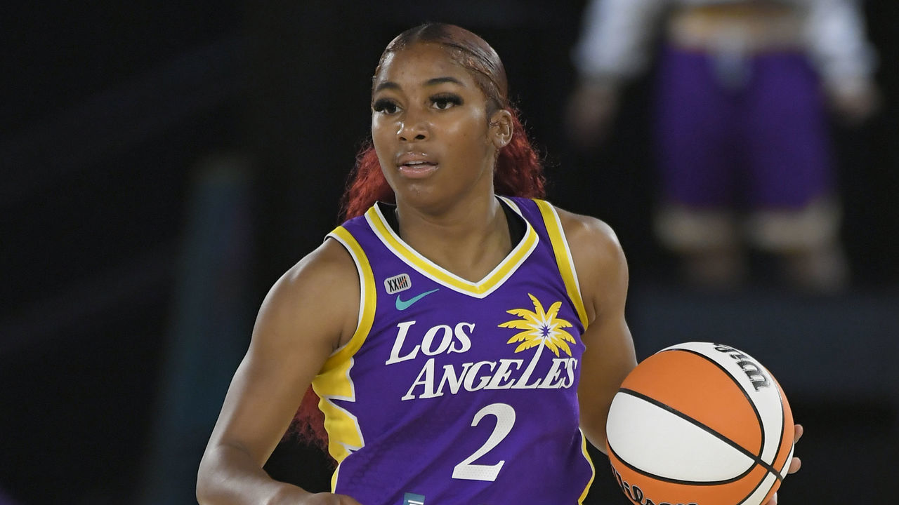 LOS ANGELES, CA - JUNE 30: Tea Cooper (2) of the Los Angeles Sparks brings the ball up the floor while playing the Las Vegas Aces on June 30, 2021 at the L.A. Convention Center in Los Angeles, CA.