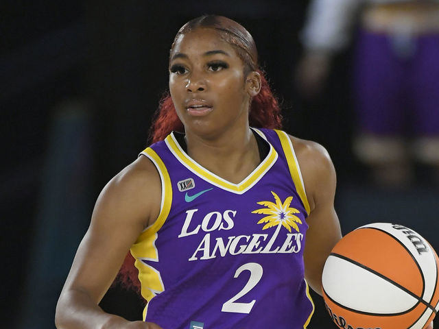 LOS ANGELES, CA - JUNE 30: Tea Cooper (2) of the Los Angeles Sparks brings the ball up the floor while playing the Las Vegas Aces on June 30, 2021 at the L.A. Convention Center in Los Angeles, CA.