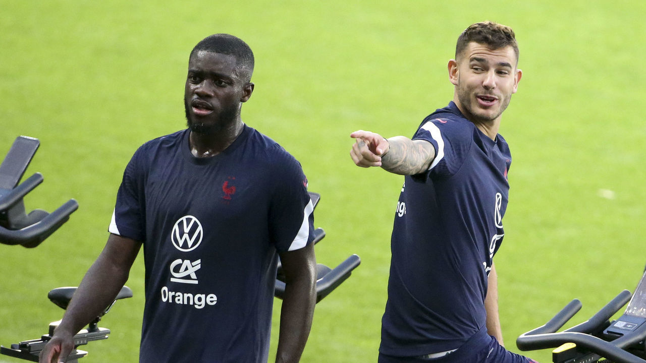 TURIN, ITALY - OCTOBER 8: Lucas Hernandez between Dayot Upamecano and Aurelien Tchouameni of France during Team France training session at Stadio Olimpico, Olympic Stadium on October 8, 2021 in Turin, Italy.