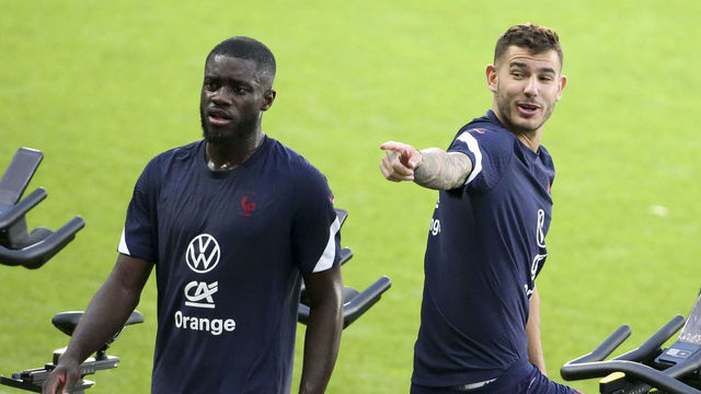 TURIN, ITALY - OCTOBER 8: Lucas Hernandez between Dayot Upamecano and Aurelien Tchouameni of France during Team France training session at Stadio Olimpico, Olympic Stadium on October 8, 2021 in Turin, Italy.