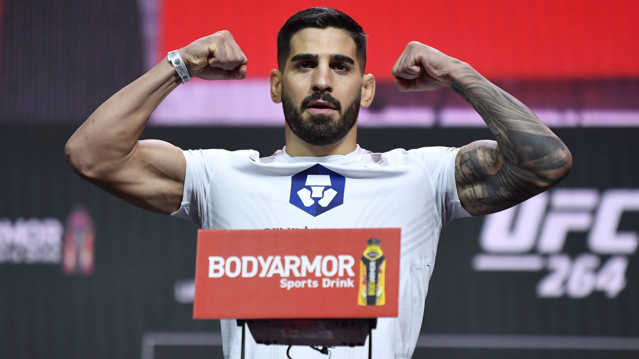 LAS VEGAS, NEVADA - JULY 09: Ilia Topuria of Germany poses on the scale during the UFC 264 ceremonial weigh-in at T-Mobile Arena on July 09, 2021 in Las Vegas, Nevada.