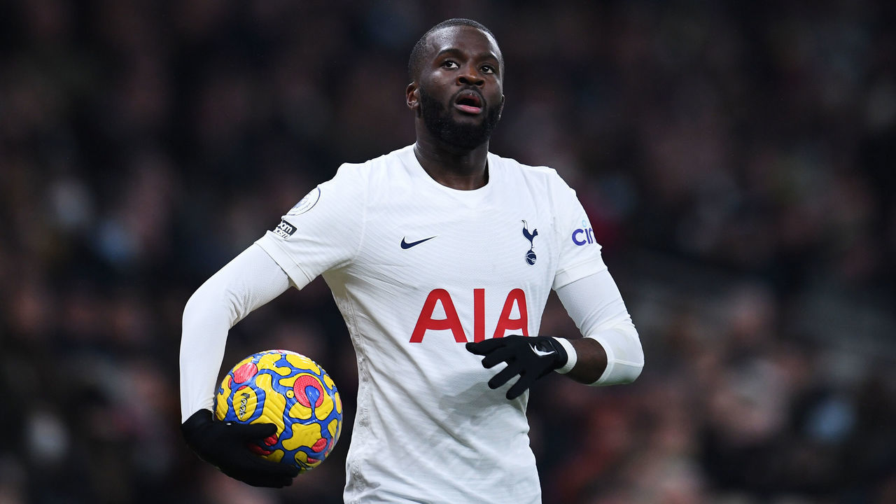 LONDON, ENGLAND - DECEMBER 19: Tanguy Ndombele of Tottenham Hotspur prepares to take a throw-in during the Premier League match between Tottenham Hotspur and Liverpool at Tottenham Hotspur Stadium on December 19, 2021 in London, England.