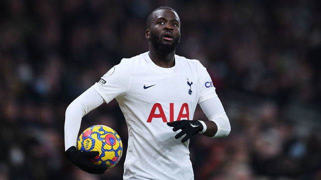 LONDON, ENGLAND - DECEMBER 19: Tanguy Ndombele of Tottenham Hotspur prepares to take a throw-in during the Premier League match between Tottenham Hotspur and Liverpool at Tottenham Hotspur Stadium on December 19, 2021 in London, England.