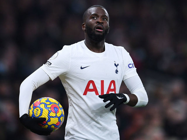 LONDON, ENGLAND - DECEMBER 19: Tanguy Ndombele of Tottenham Hotspur prepares to take a throw-in during the Premier League match between Tottenham Hotspur and Liverpool at Tottenham Hotspur Stadium on December 19, 2021 in London, England.