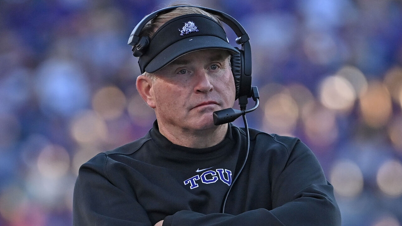 MANHATTAN, KS - OCTOBER 30: Head coach Gary Patterson of the TCU Horned Frogs walks the sideline during the second half against the Kansas State Wildcats at Bill Snyder Family Football Stadium on October 30, 2021 in Manhattan, Kansas.