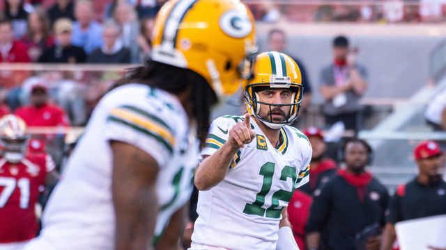 SANTA CLARA, CA - SEPTEMBER 26: Green Bay Packers quarterback Aaron Rodgers (12) makes a gesture to Green Bay Packers wide receiver Davante Adams (17) during the NFL football game between the Green Bay Packers and San Francisco 49ers on September 26, 2021 at Levi's Stadium in Santa Clara, CA