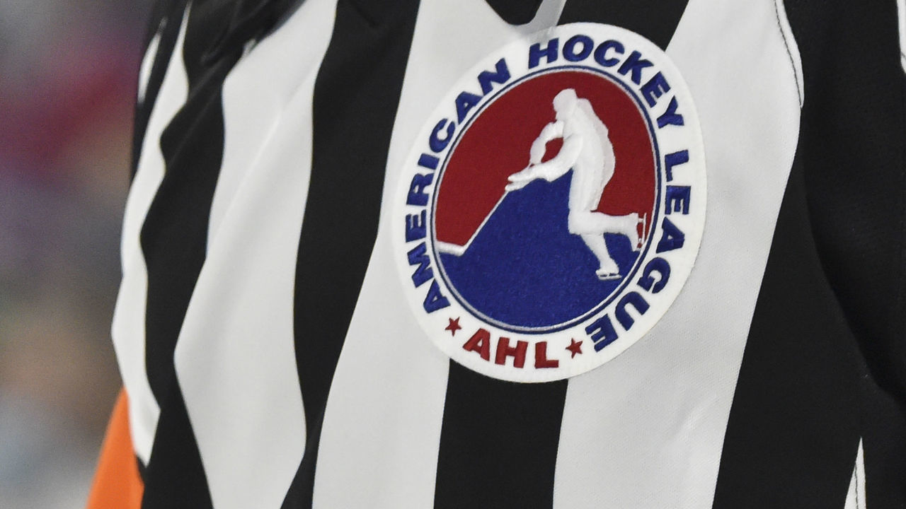 LAVAL, QC - OCTOBER 15: A close-up detail of the AHL logo seen on a referee jersey during the third period between the Belleville Senators and the Laval Rocket at Place Bell on October 15, 2021 in Montreal, Canada. The Laval Rocket defeated the Belleville Senators 6-2.