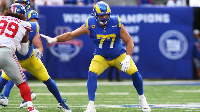 EAST RUTHERFORD, NEW JERSEY - OCTOBER 17: (NEW YORK DAILIES OUT) Andrew Whitworth #77 of the Los Angeles Rams in action against the New York Giants at MetLife Stadium on October 17, 2021 in East Rutherford, New Jersey. Los Angeles Rams defeated the New York Giants 38-11.