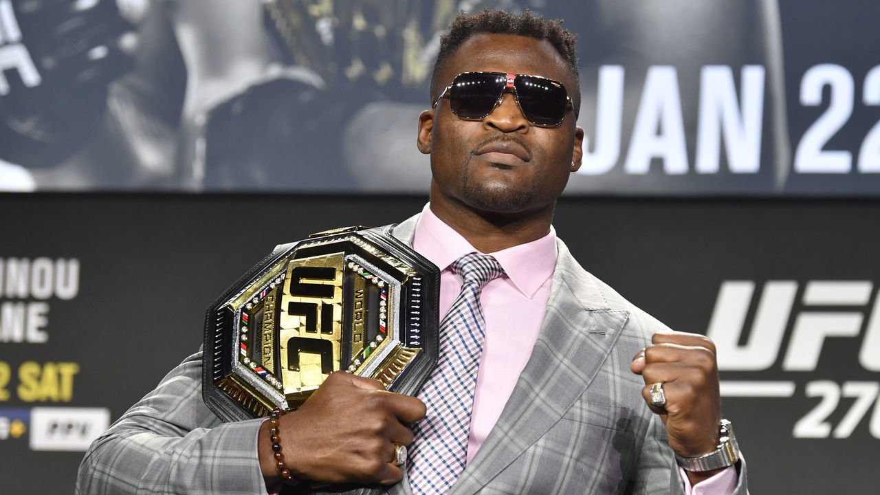 ANAHEIM, CALIFORNIA - JANUARY 20: Francis Ngannou of Cameroon poses for photos during the UFC 270 press conference at the Anaheim Convention Center on January 20, 2022 in Anaheim, California.