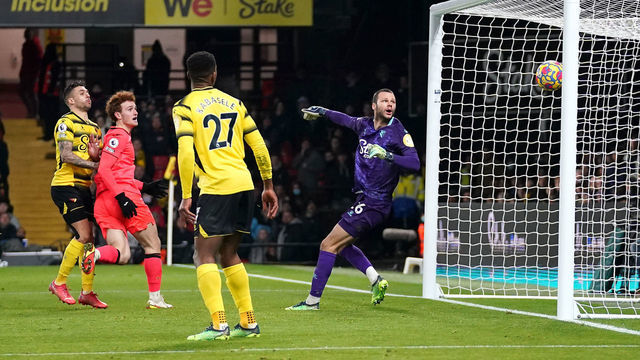 Norwich City's Josh Sargent (second left) scores their side's first goal of the game during the Premier League match at Vicarage Road, Watford. Picture date: Friday January 21, 2022.