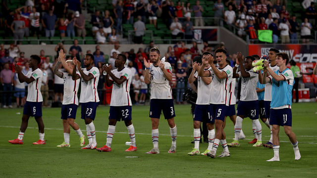 AUSTIN, TEXAS - OCTOBER 07: U.S. Men’s National Team thanks fans after beating Jamaica 2-0 in a 2022 World Cup Qualifying match at Q2 Stadium on October 07, 2021 in Austin, Texas.