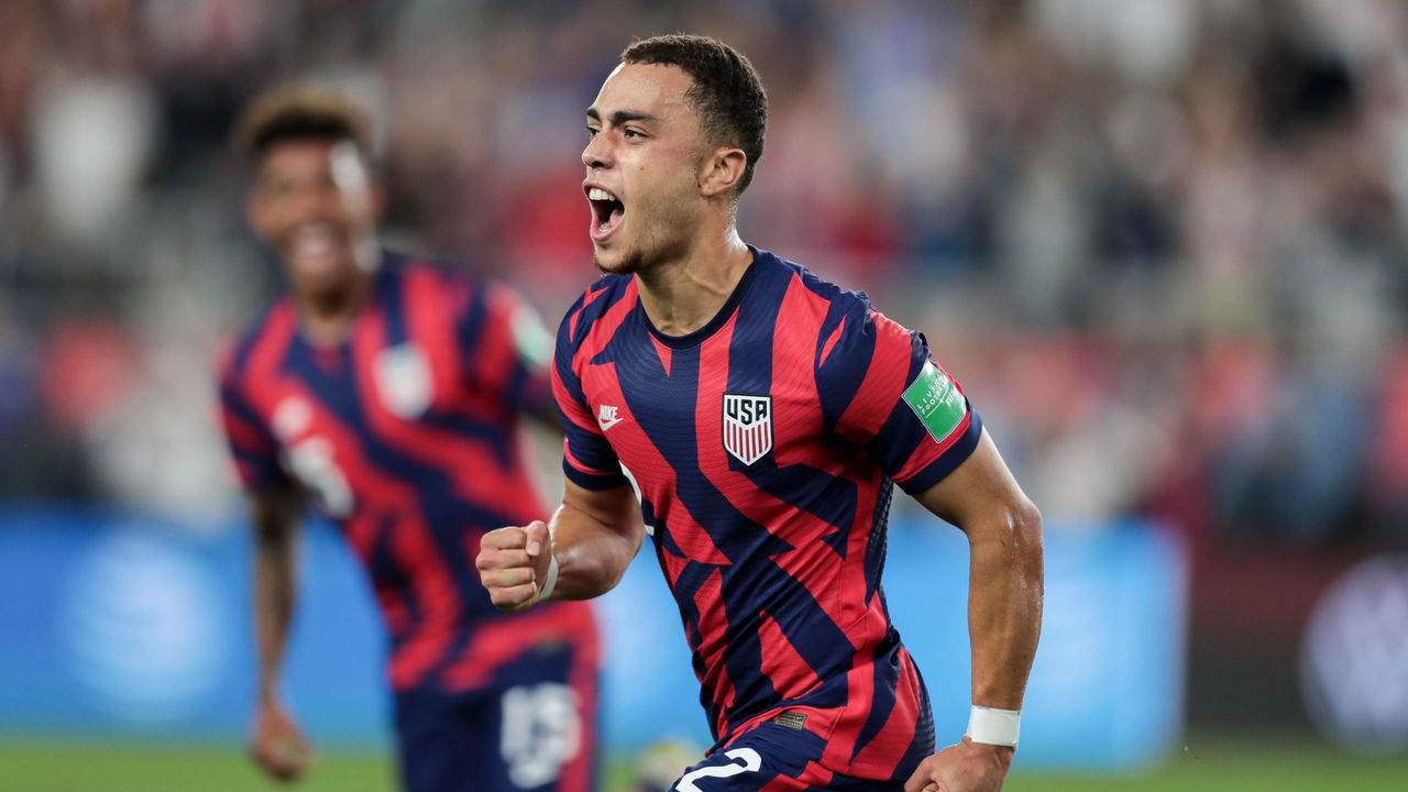 COLUMBUS, OH - OCTOBER 13: Sergino Dest #2 of the United States scores his goal and celebrates during a game between Costa Rica and USMNT at Lower.com Field on October 13, 2021 in Columbus, Ohio.