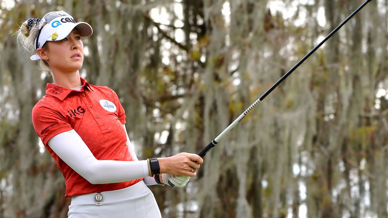 ORLANDO, FLORIDA - JANUARY 21: Nelly Korda of the United States plays her shot from the 18th tee during the second round of the 2022 Hilton Grand Vacations Tournament of Champions at Lake Nona Golf & Country Club on January 21, 2022 in Orlando, Florida.