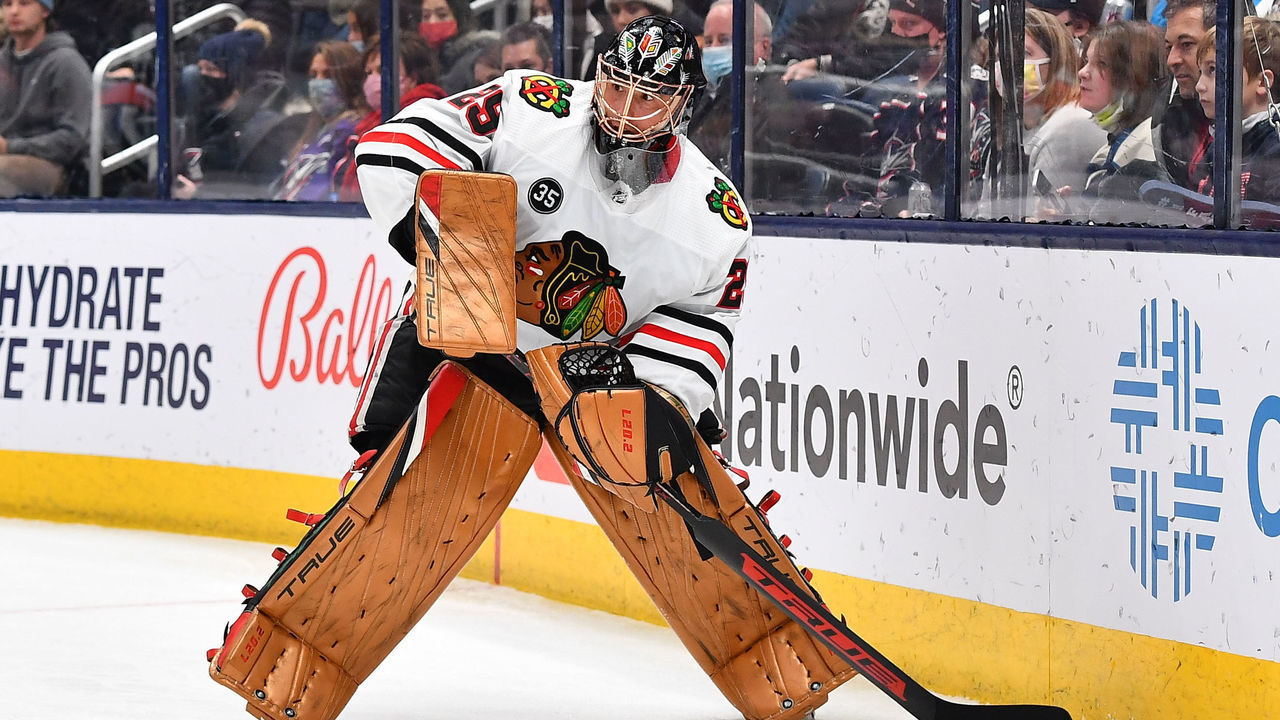 COLUMBUS, OH - JANUARY 11: Goaltender Marc-Andre Fleury #29 of the Chicago Blackhawks plays the puck during the first period of a game against the Columbus Blue Jackets at Nationwide Arena on January 11, 2022 in Columbus, Ohio.