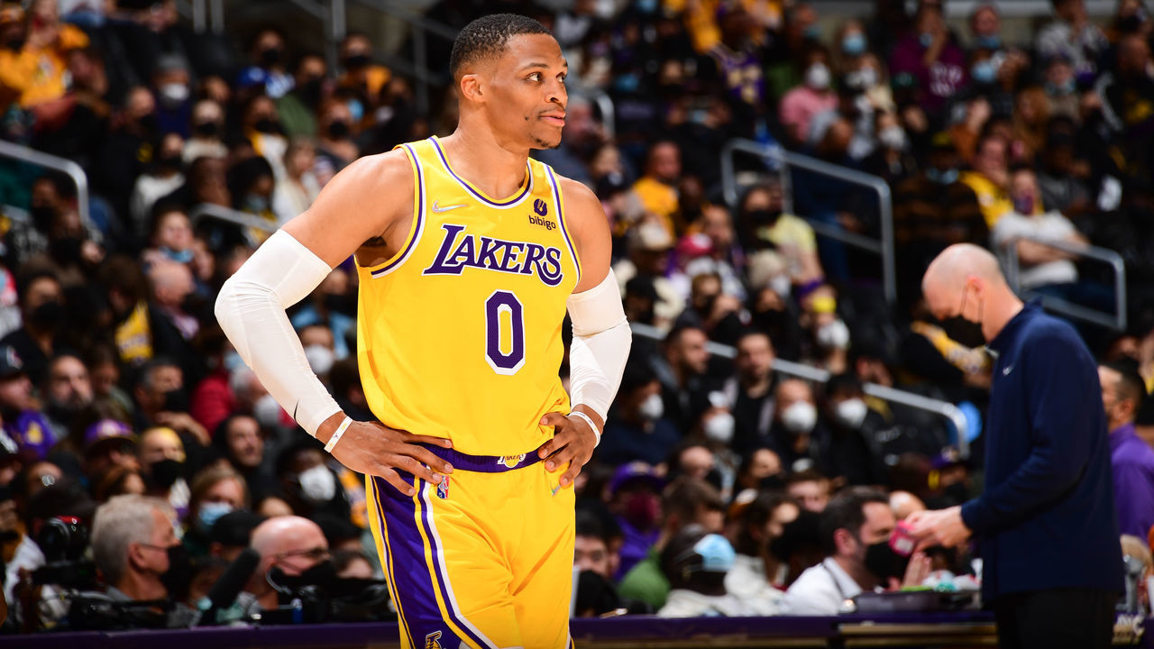 LOS ANGELES, CA - JANUARY 19: Russell Westbrook #0 of the Los Angeles Lakers looks on during the game against the Indiana Pacers on January 19, 2022 at Crypto.Com Arena in Los Angeles, California. NOTE TO USER: User expressly acknowledges and agrees that, by downloading and/or using this Photograph, user is consenting to the terms and conditions of the Getty Images License Agreement. Mandatory Copyright Notice: Copyright 2022 NBAE