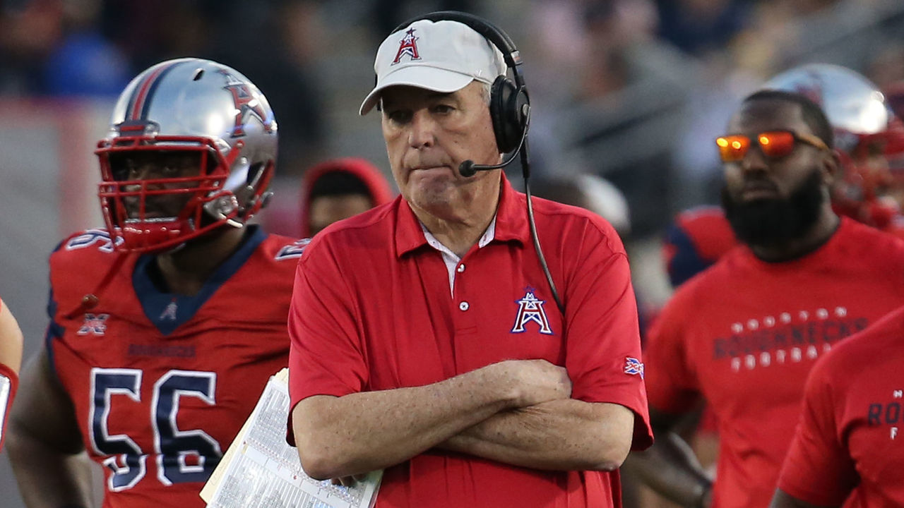 HOUSTON, TEXAS - FEBRUARY 16: June Jones, head coach of the Houston Roughnecks, looks on as an injured player is helped on thef field against the St. Louis Battlehawks at TDECU Stadium on February 16, 2020 in Houston, Texas.