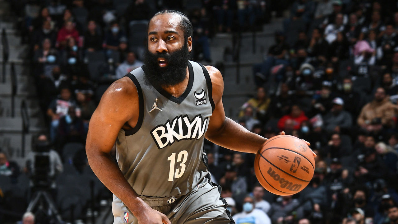 SAN ANTONIO, TX - JANUARY 21: James Harden #13 of the Brooklyn Nets dribbles the ball during the game against the San Antonio Spurs on January 21, 2022 at the AT&T Center in San Antonio, Texas. Mandatory Copyright Notice: Copyright 2022 NBAE (Photos by Michael Gonzales/NBAE via Getty Images)