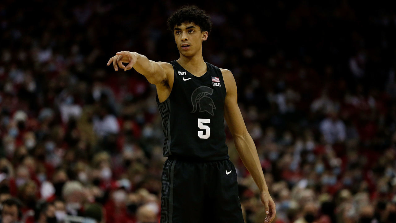 MADISON, WISCONSIN - JANUARY 21: Max Christie #5 of the Michigan State Spartans calls out instruction during the first half of the game against the Wisconsin Badgers at Kohl Center on January 21, 2022 in Madison, Wisconsin.