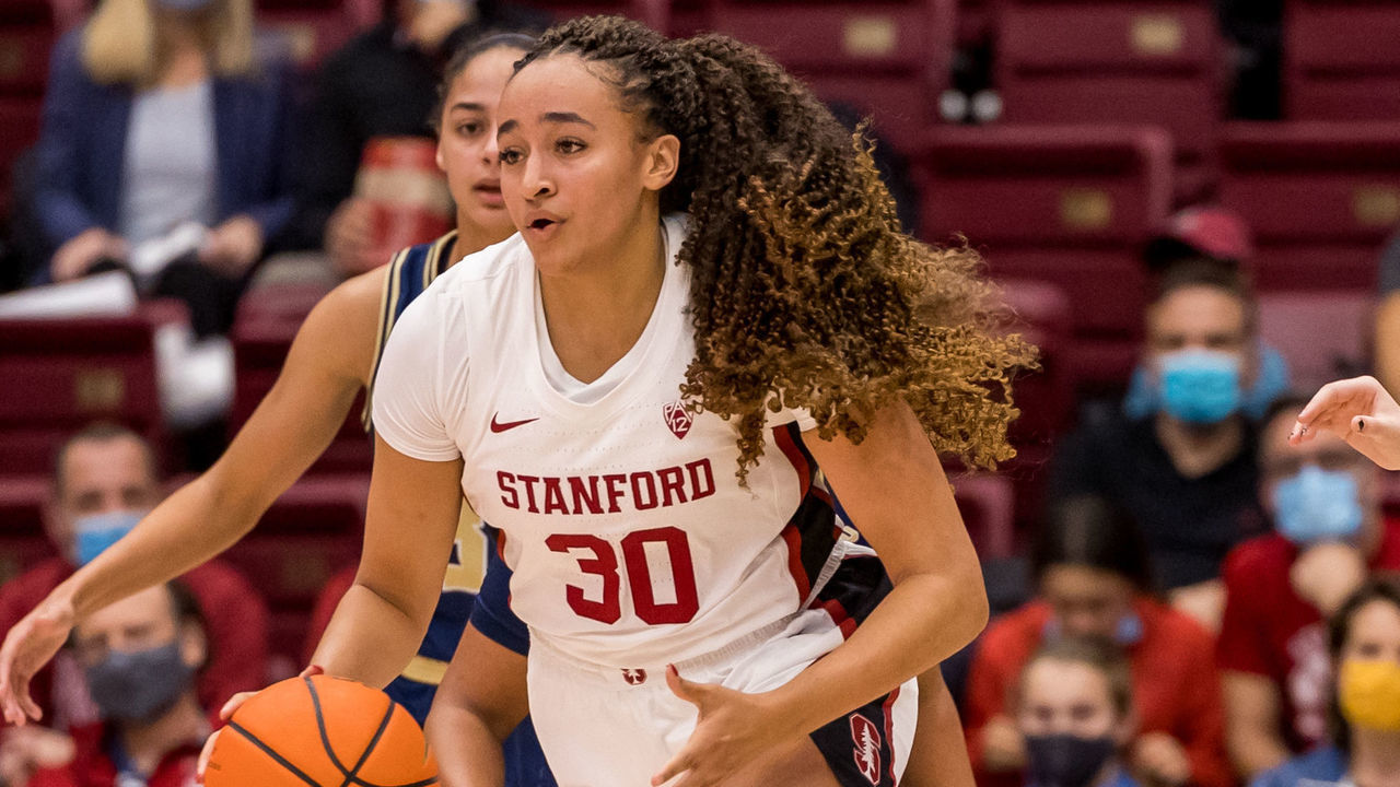PALO ALTO, CA - DECEMBER 15: Stanford Cardinal guard Haley Jones (30) brings the ball down the court during the college womens basketball game between the UC Davis Aggies and Stanford Cardinal on December 15, 2021 at Maples Pavilion in Palo Alto, CA.