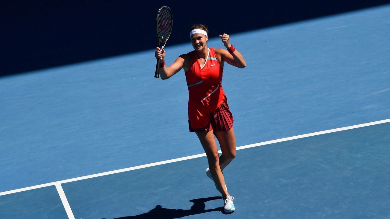 Belarus' Aryna Sabalenka reacts after winning against Czech Republic's Marketa Vondrousova during their women's singles match on day six of the Australian Open tennis tournament in Melbourne on January 22, 2022. - -- IMAGE RESTRICTED TO EDITORIAL USE - STRICTLY NO COMMERCIAL USE --
